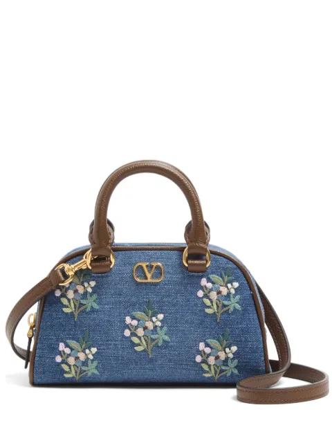 Vlogo Signature mini top-handle bag in denim with floral embroidery by VALENTINO