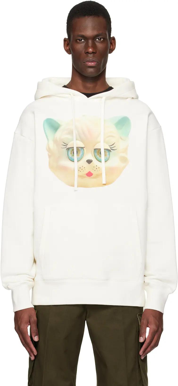 White Cotton 'Le Chat De La Maison' Print Hoodie by VALENTINO