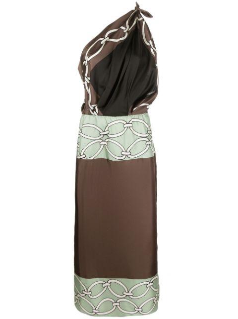 chain-print one-shoulder silk midi dress by VALENTINO