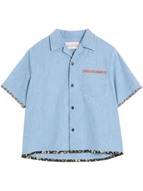 denim bowling shirt with floral print trim by VALENTINO