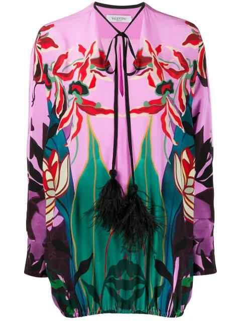 feather-embellished Mirrored Orchid Ramage blouse by VALENTINO
