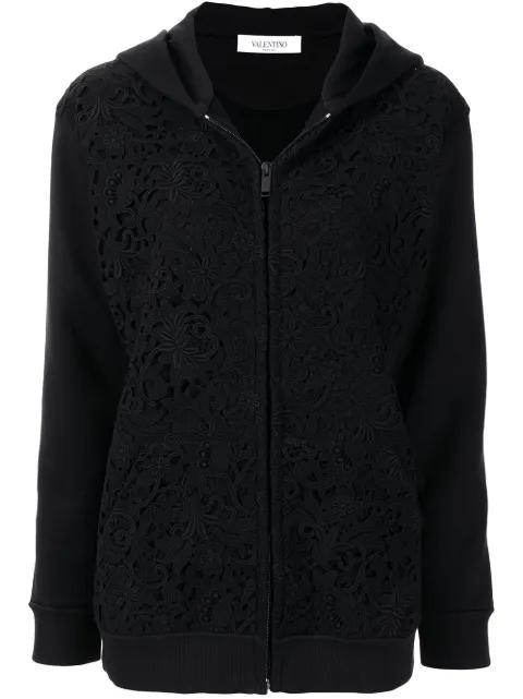 floral-embroidery logo-print zip-up hoodie by VALENTINO