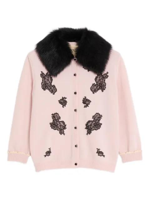 lace-embellished shearling-collar cardigan by VALENTINO
