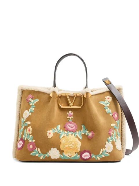 medium VLogo-signature floral-embroidered suede tote bag by VALENTINO