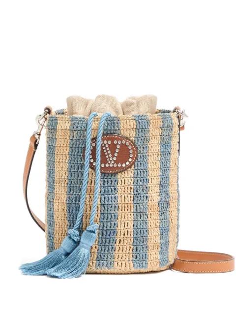 small bucket bag in striped raffia by VALENTINO
