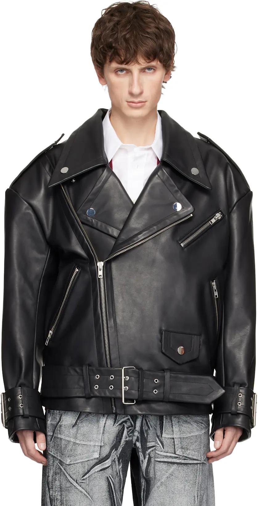Black Oversized Moto Leather Jacket by VAQUERA