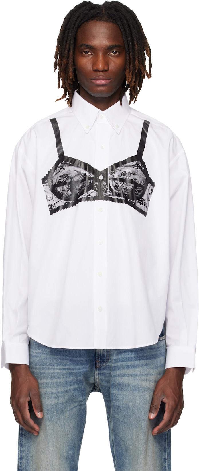 White Trompe L'oeil Bra Button Down Shirt by VAQUERA