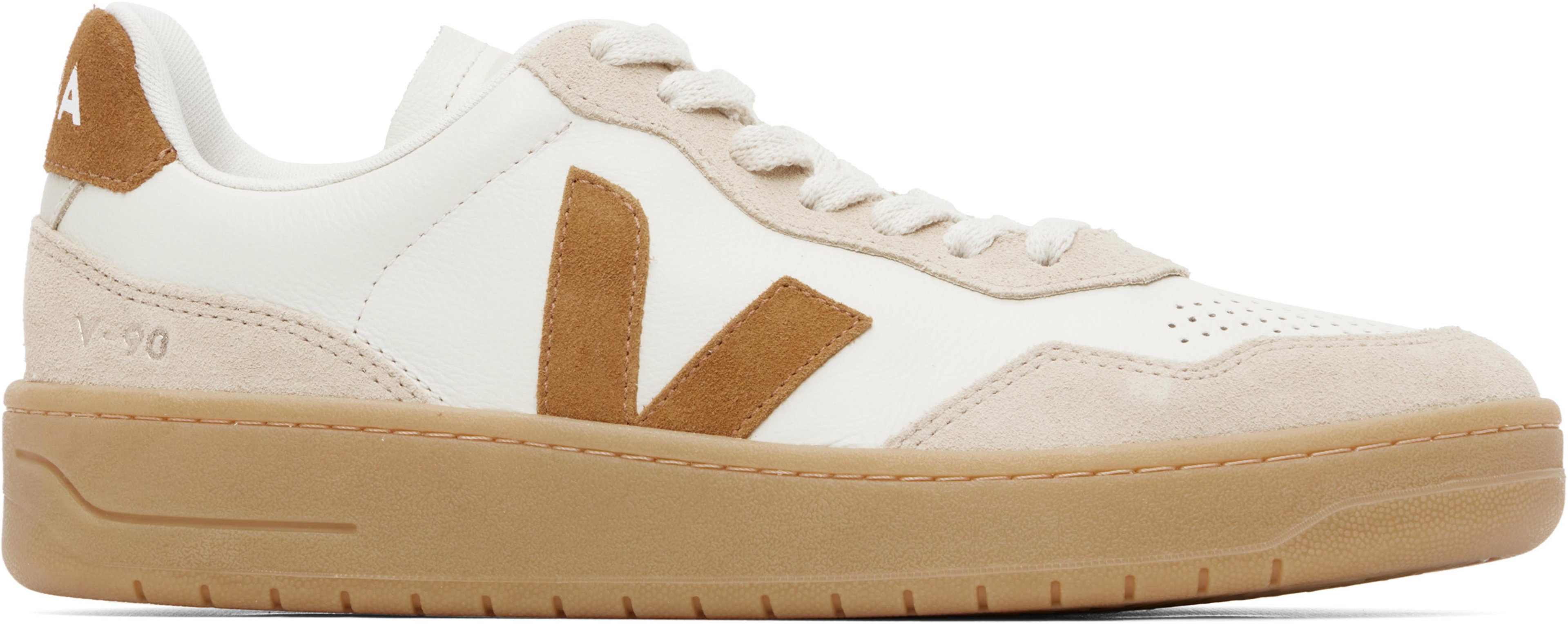 Off-White & Tan V-90 Leather Sneakers by VEJA