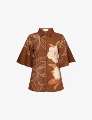Floral-Print Bell-Sleeve Cotton and Linen-Blend Shirt by VERANDAH