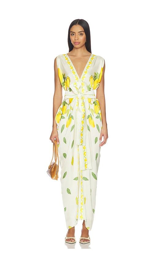 Verandah Dripping Alphonso Silk Dress in White,Yellow by VERANDAH