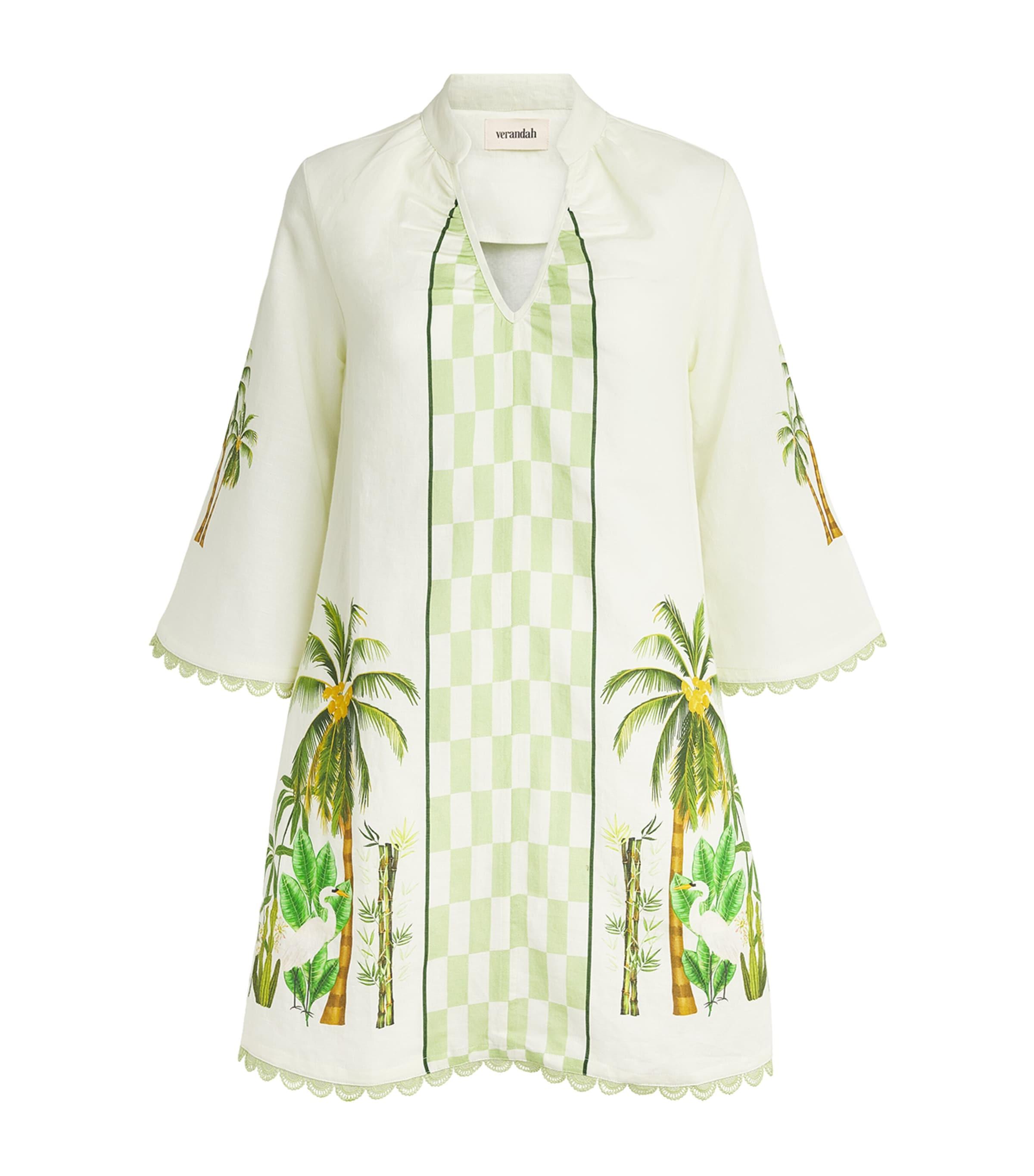 Verandah Linen-Cotton Palm Tie Mini Dress by VERANDAH