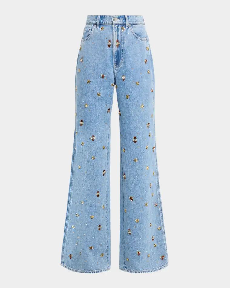 Kasey Embellished Denim Mid-Rise Wide-Leg Jeans by VERONICA BEARD