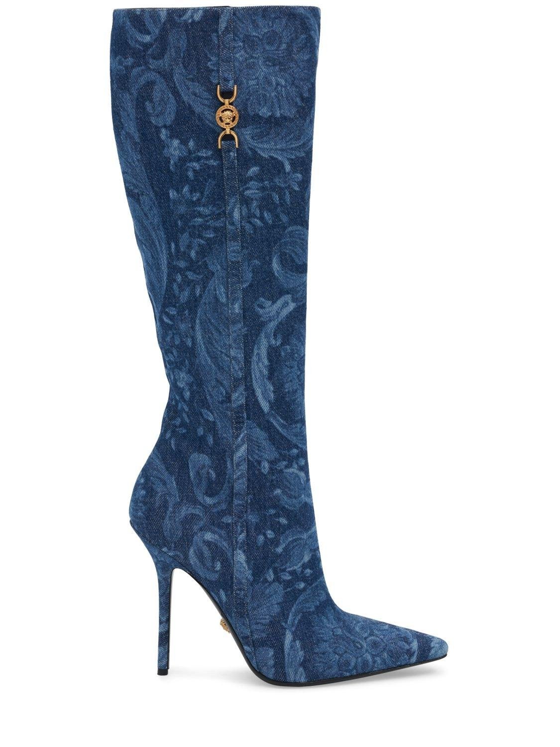 110mm Printed Denim Tall Boots by VERSACE