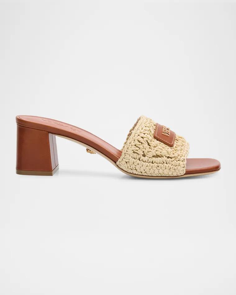 55mm Logo Tag Leather and Raffia Mule Sandals by VERSACE
