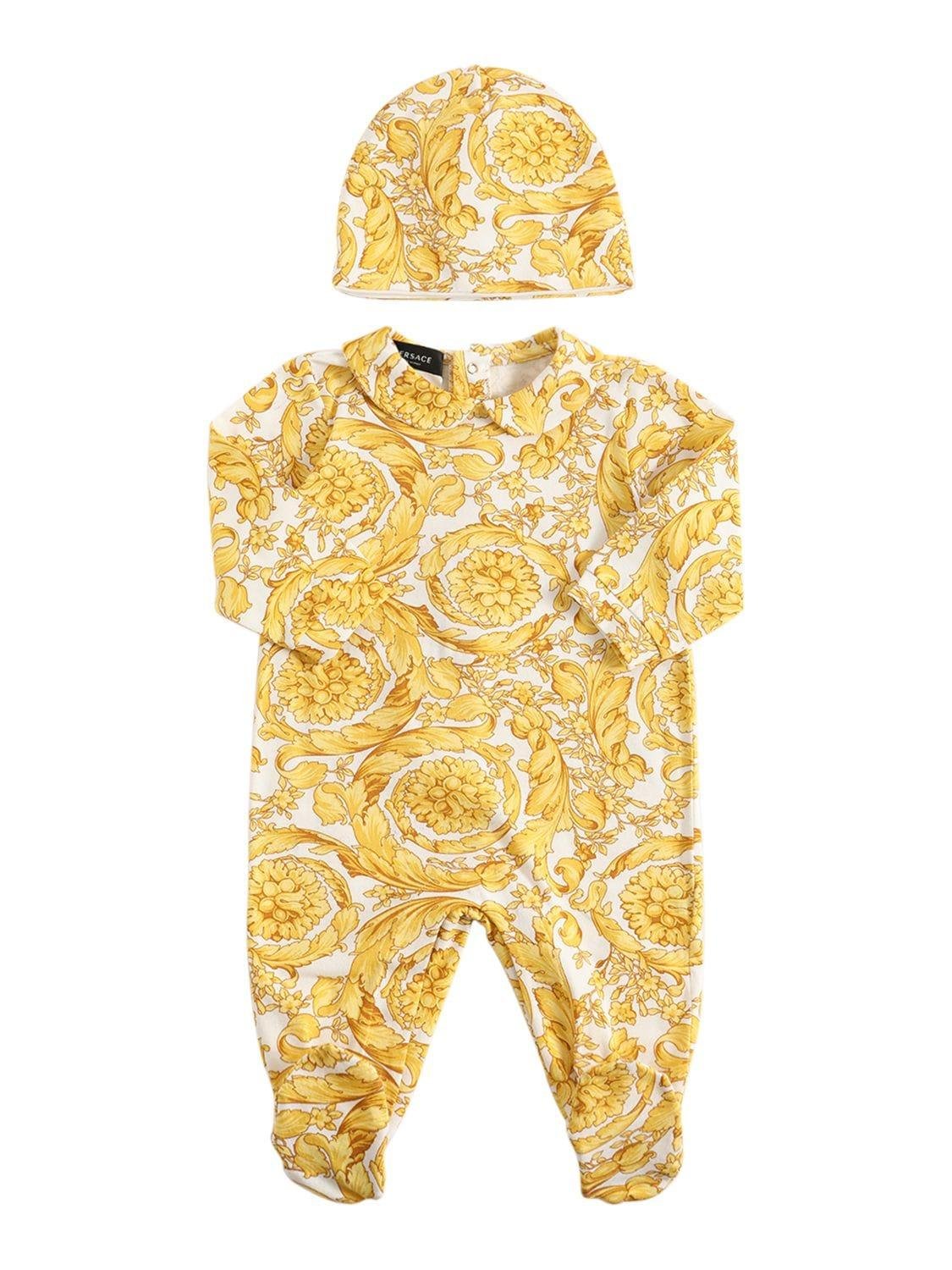 Barocco Printed Cotton Romper & Hat by VERSACE
