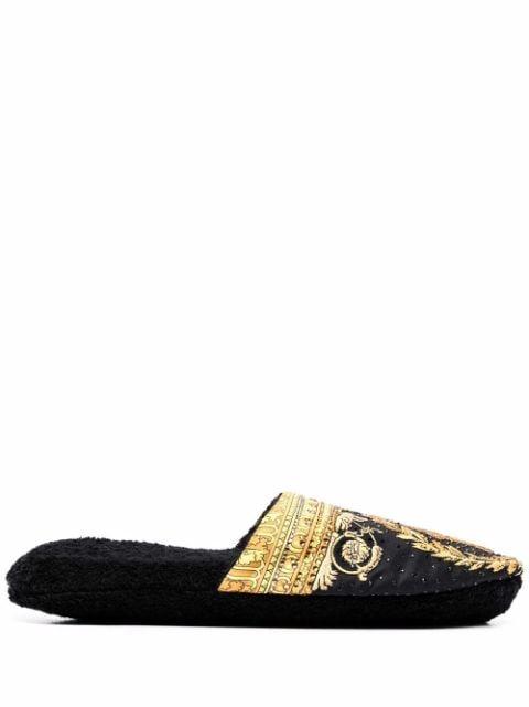 Baroque-print slippers by VERSACE