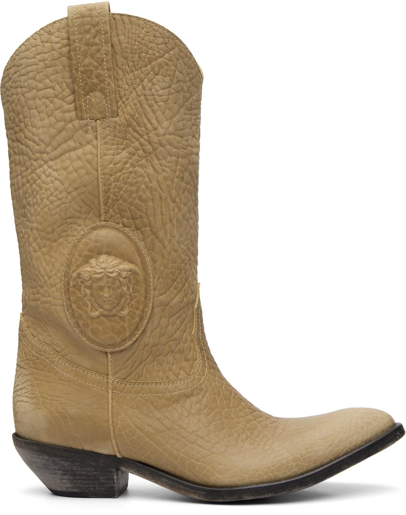 Beige Houston Leather Texan Boots by VERSACE