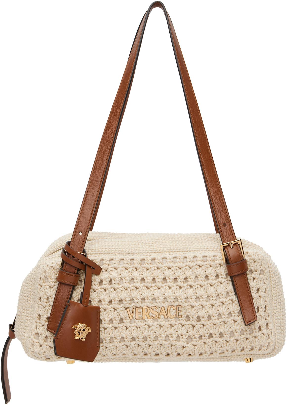 Beige Versace Tag Raffia Bowling Bag by VERSACE