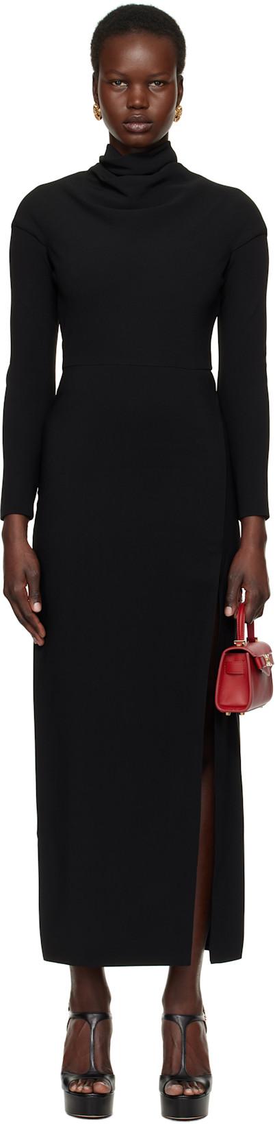Black Cady Draped-Neck Slit Maxi Dress by VERSACE