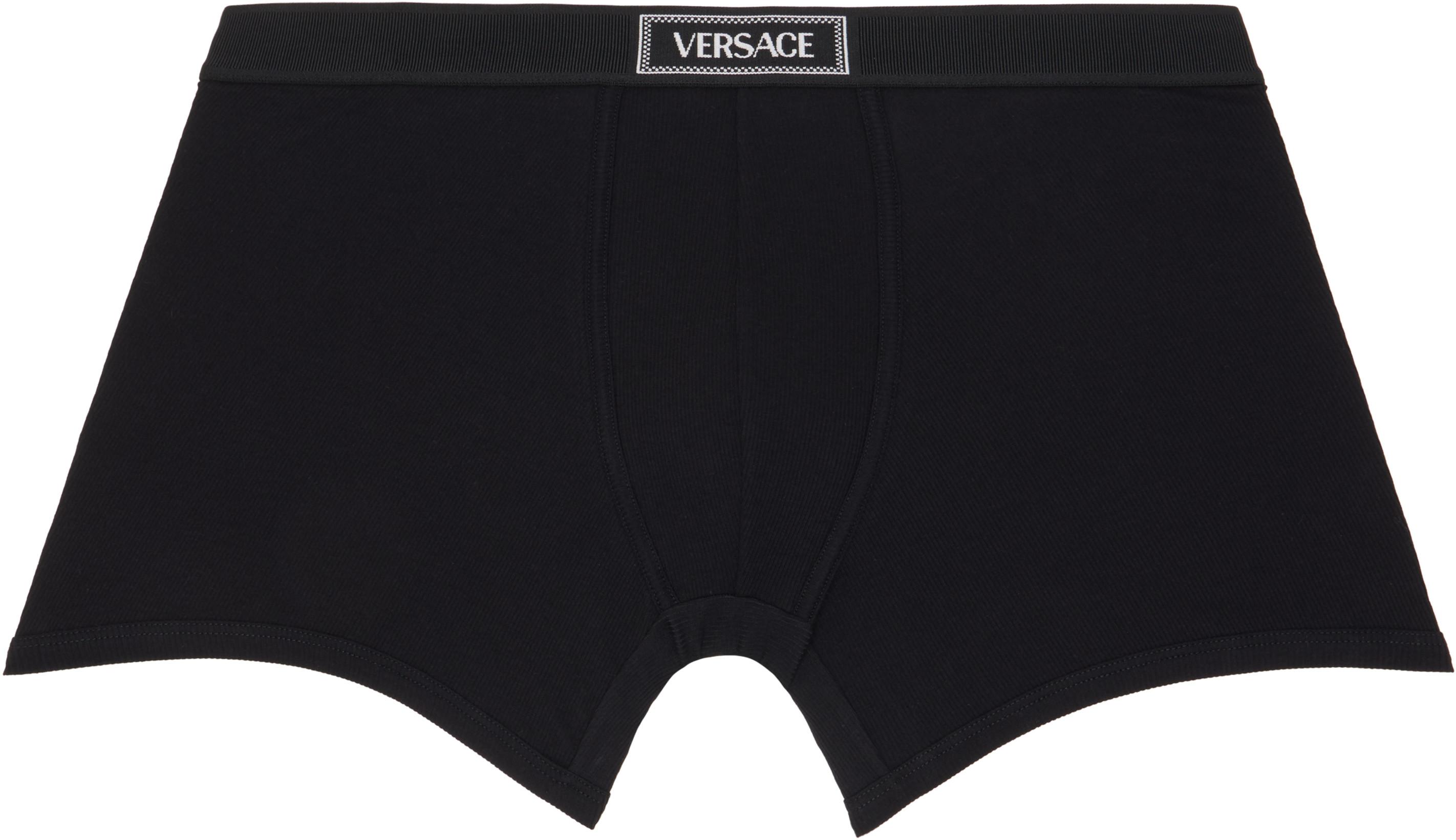 Black Cotton Ribbed Long Boxer Briefs by VERSACE