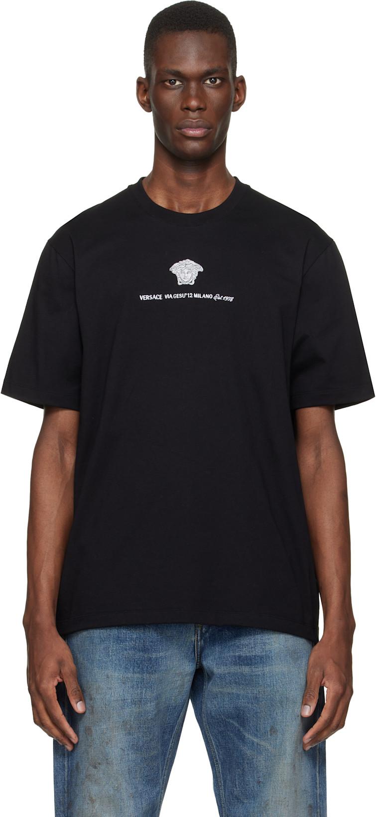 Black Embroidered Cotton-Jersey T-shirt by VERSACE