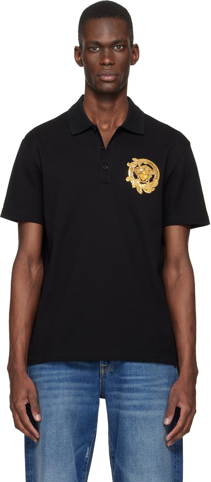 Black Embroidered Cotton Piqué Polo by VERSACE