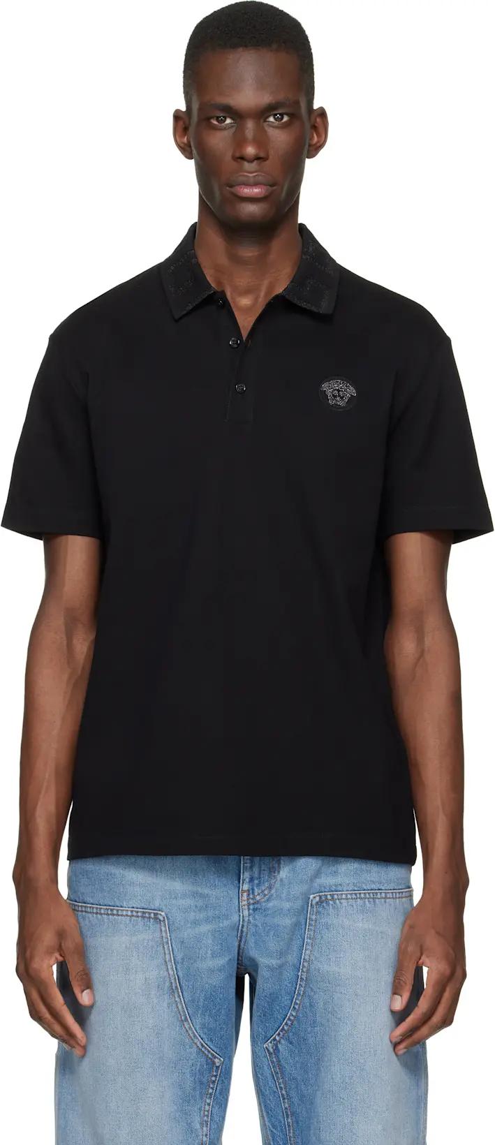 Black Embroidered Cotton Piqué Polo by VERSACE