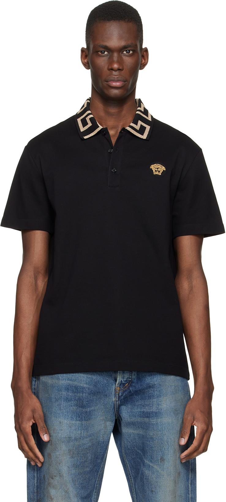 Black Embroidered Cotton Piqué Polo by VERSACE