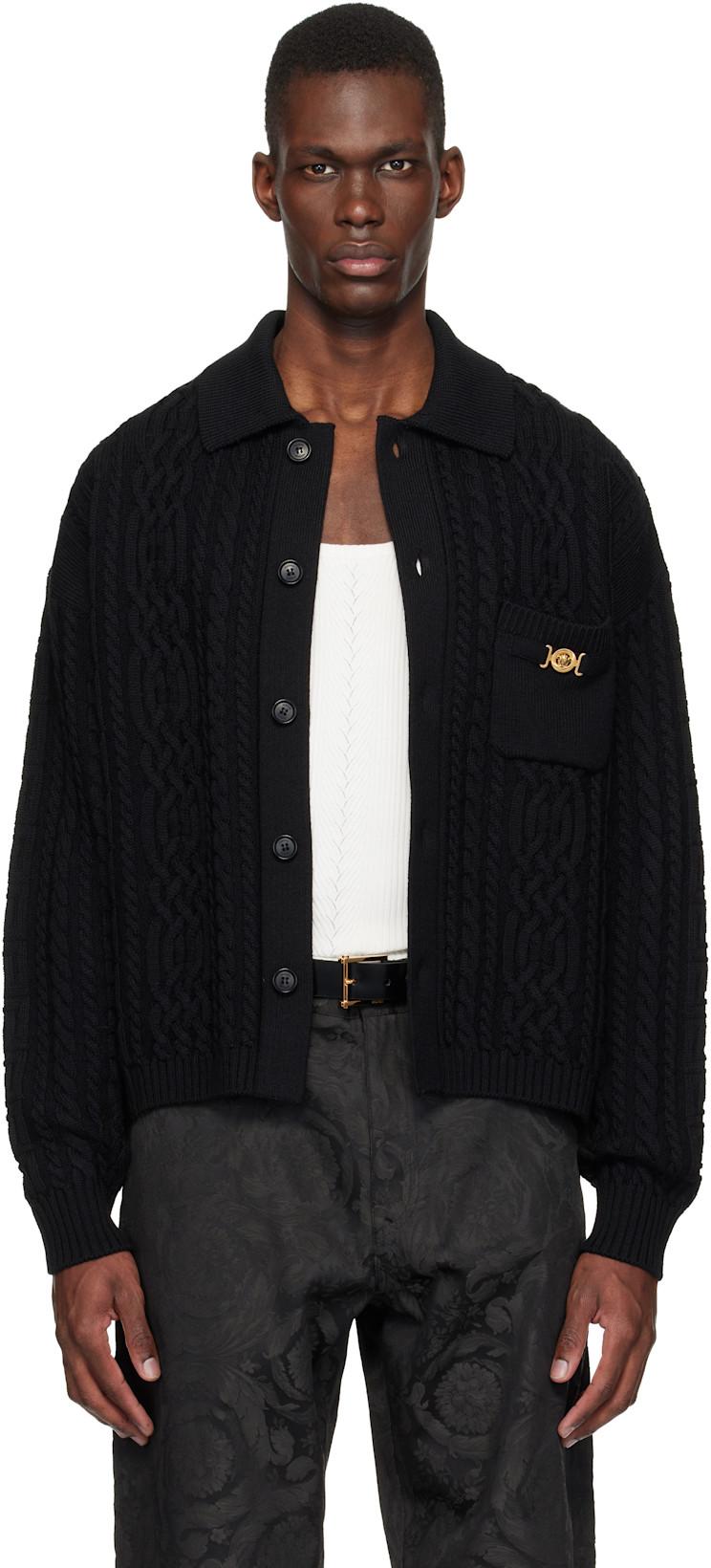 Black Mixed-Stitch Wool Knit Cardigan by VERSACE