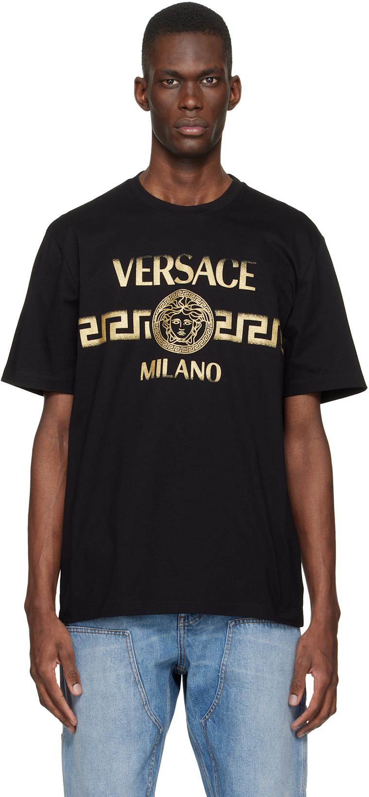 Black Printed Cotton-Jersey Regular T-shirt by VERSACE