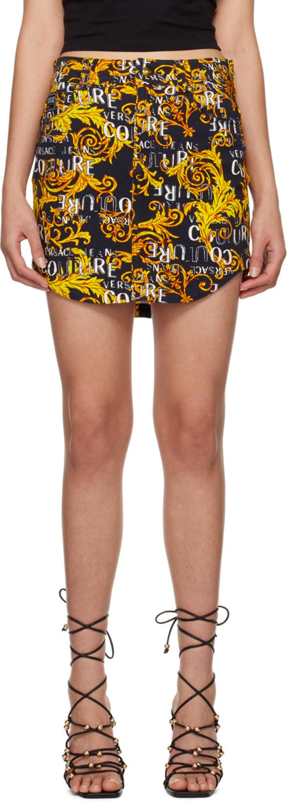 Black Printed Denim Miniskirt by VERSACE