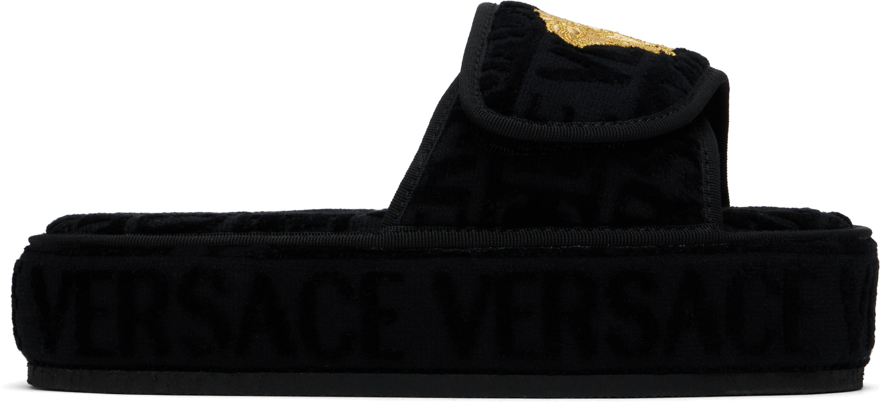 Black 'Versace' Allover Slippers by VERSACE