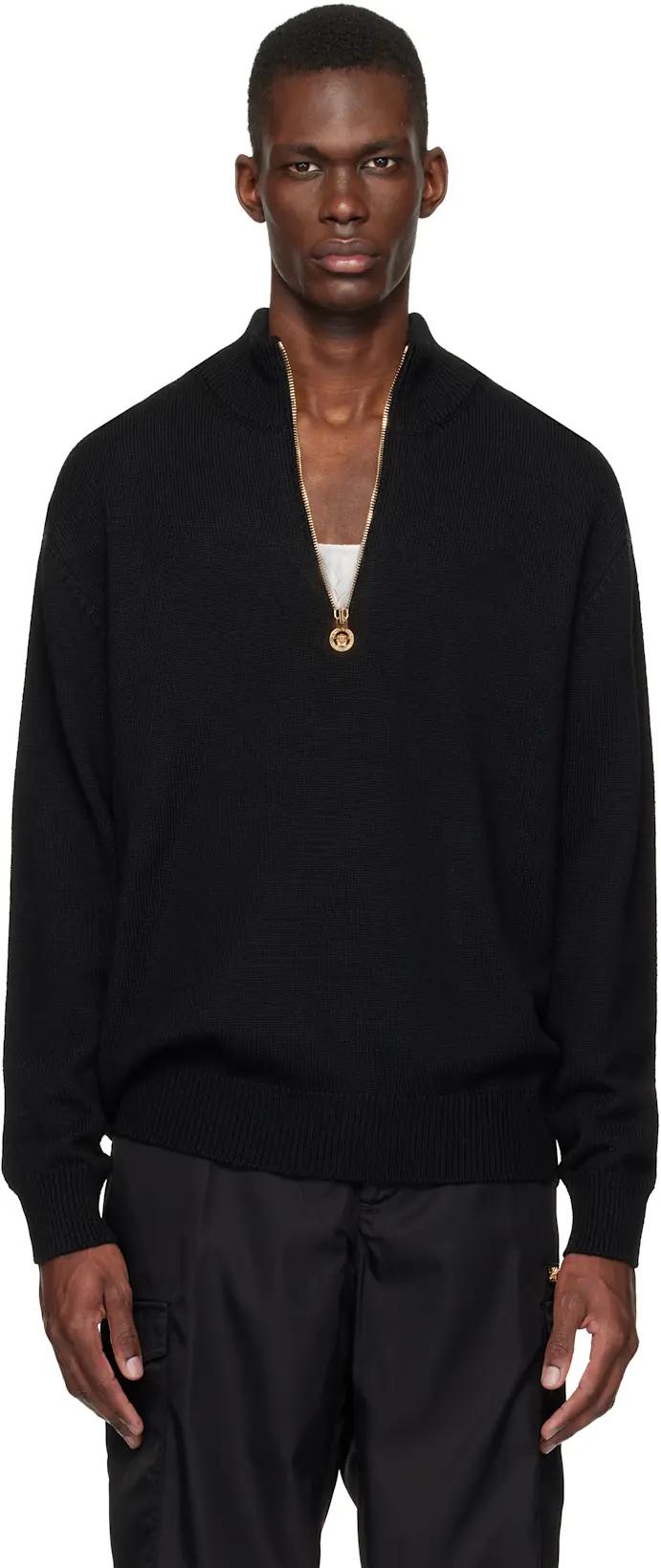 Black Wool-Blend Half-Zip Knit Sweater by VERSACE
