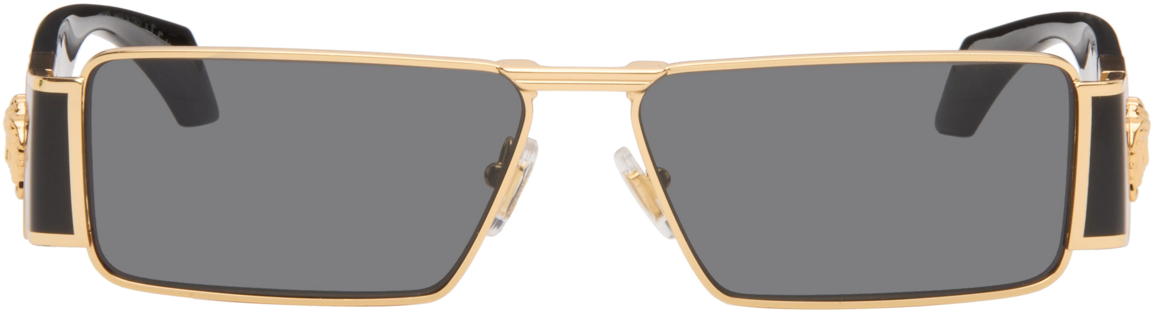 Black & Gold Medusa Plaque Rectangular Sunglasses by VERSACE