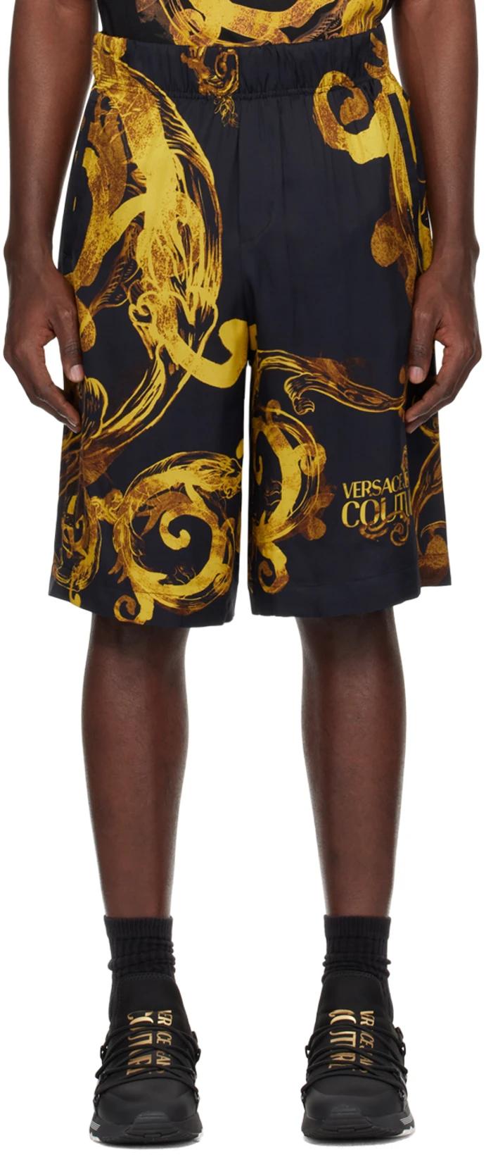 Black & Gold Watercolor Couture Shorts by VERSACE