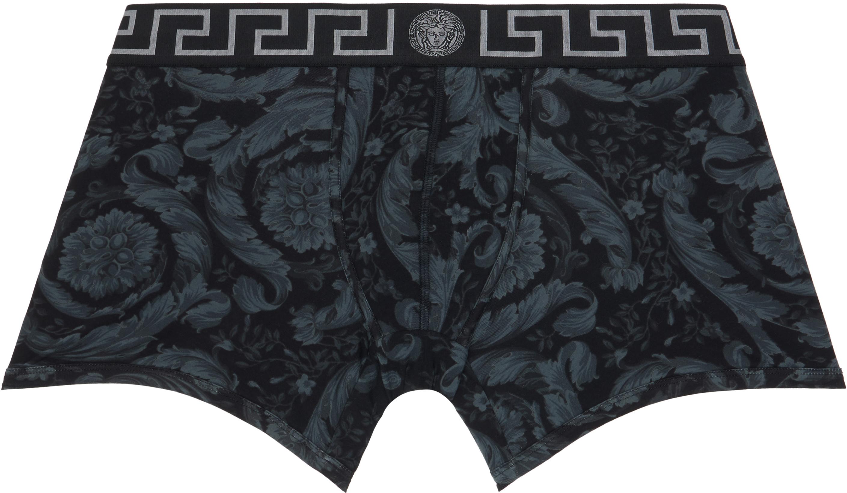 Black & Gray Printed Jacquard Cotton-Jersey Long Boxer Briefs by VERSACE