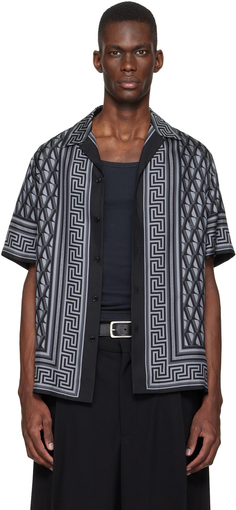 Black & Gray Printed Silk Twill Slim Shirt by VERSACE