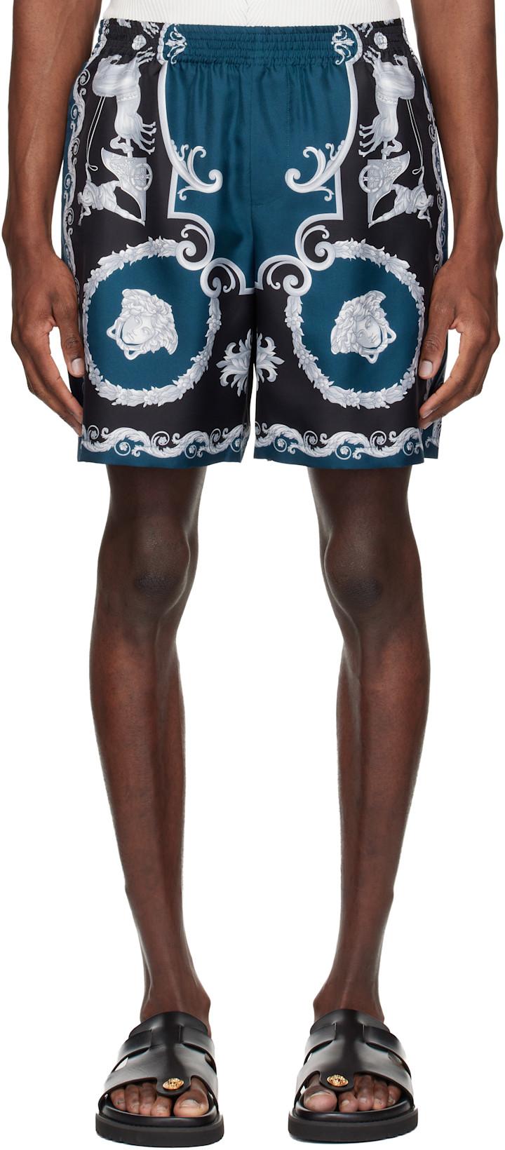 Black & Navy Printed Silk Twill Slim Shorts by VERSACE
