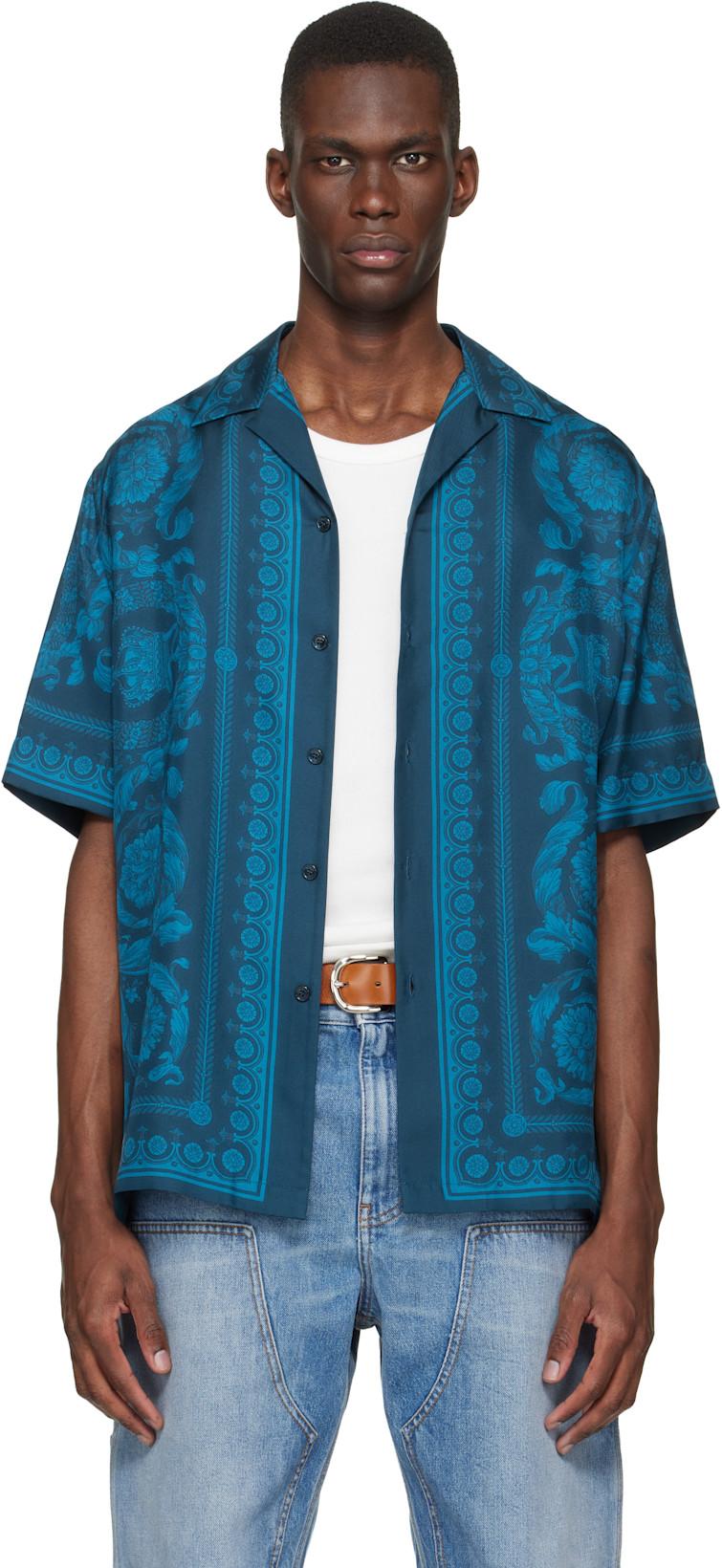 Blue Barocco Silk Shirt by VERSACE