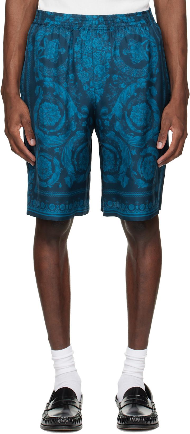 Blue Barocco Silk Shorts by VERSACE
