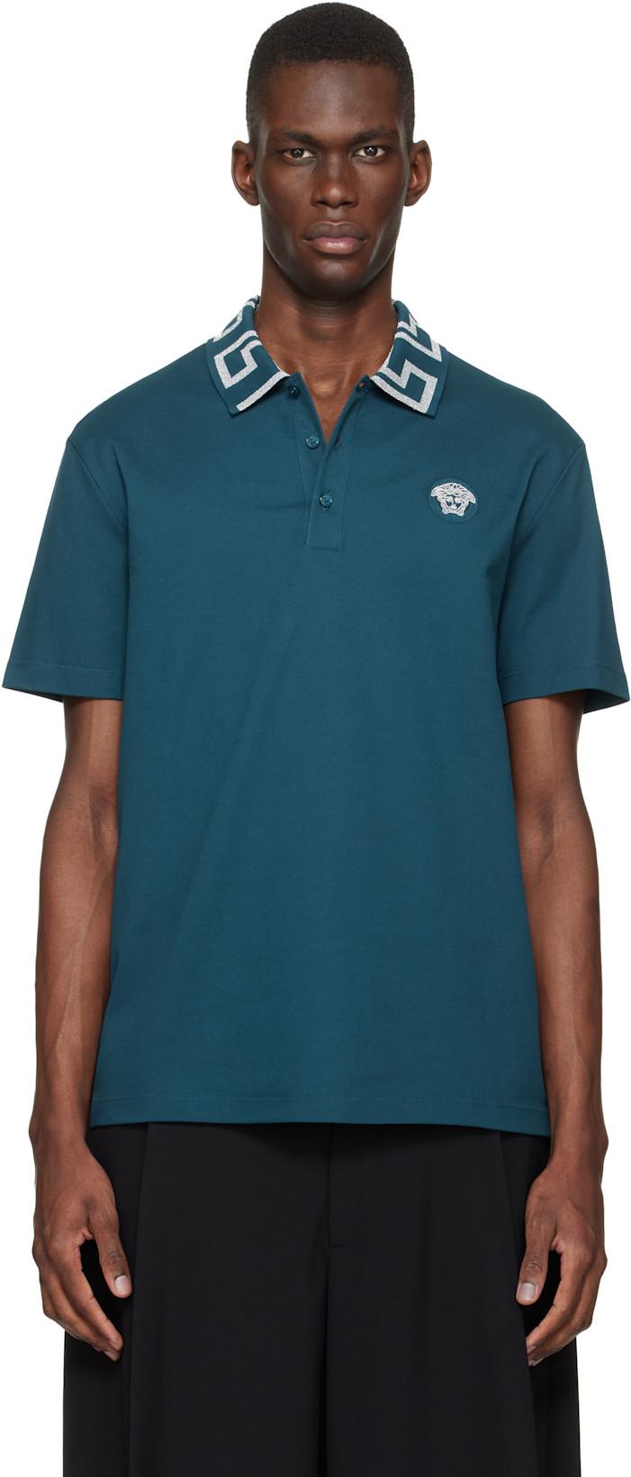 Blue Embroidered Cotton Piqué Polo by VERSACE