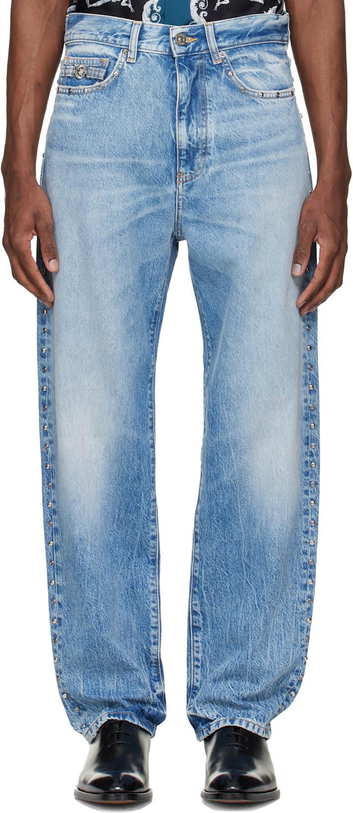 Blue Studded Jeans by VERSACE