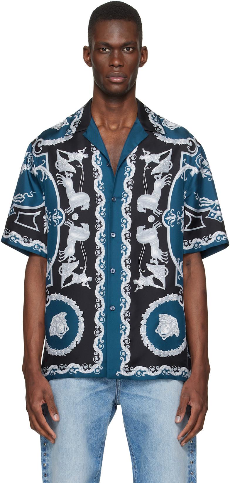Blue & Black Printed Silk Twill Regular Shirt by VERSACE