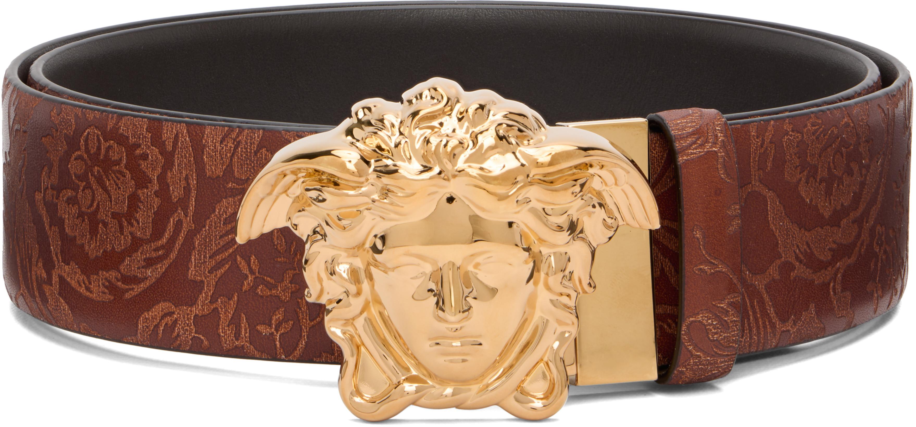 Brown 'La Medusa' Leather Reversible Belt by VERSACE