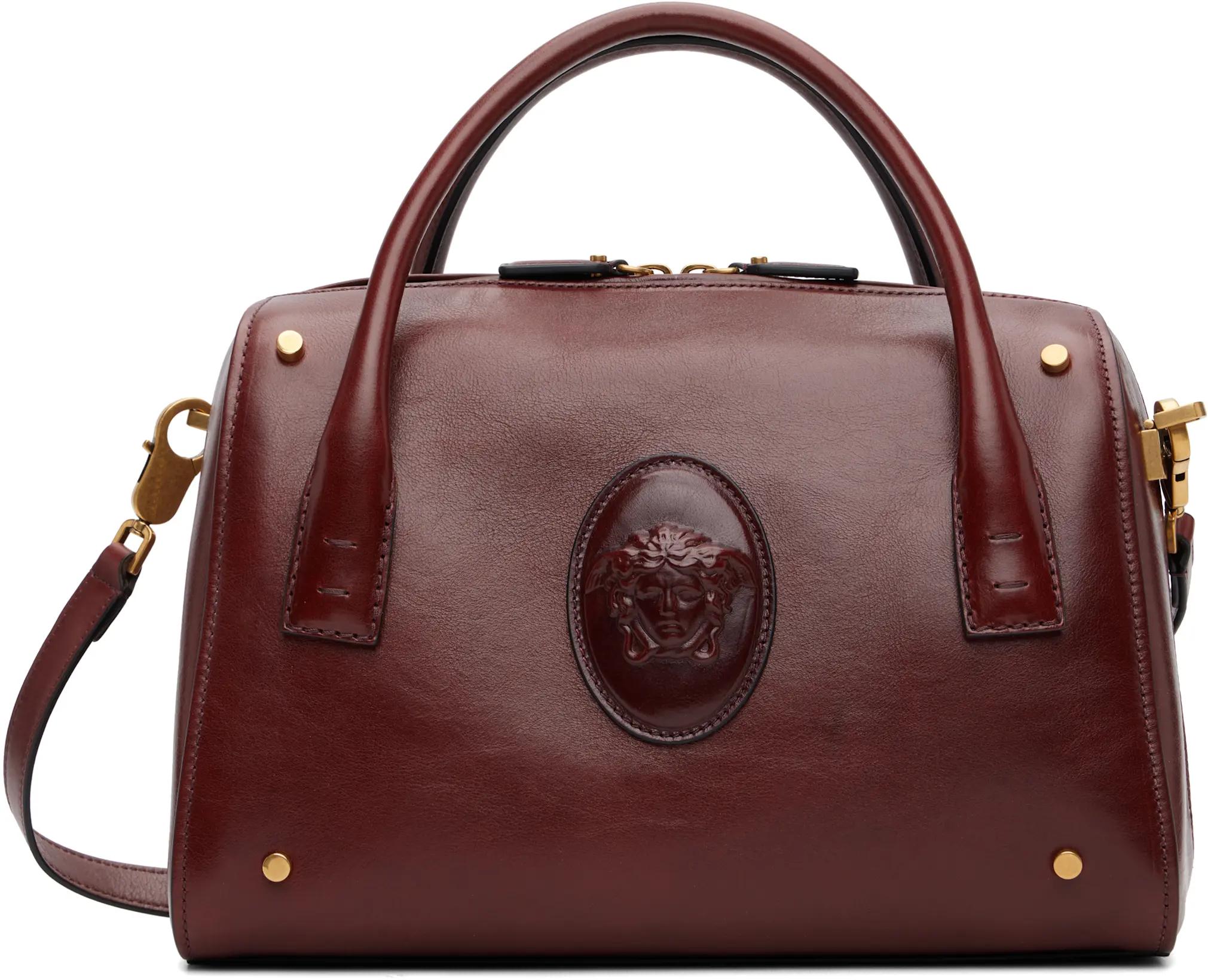 Brown Roomy Leather Boston Bag by VERSACE