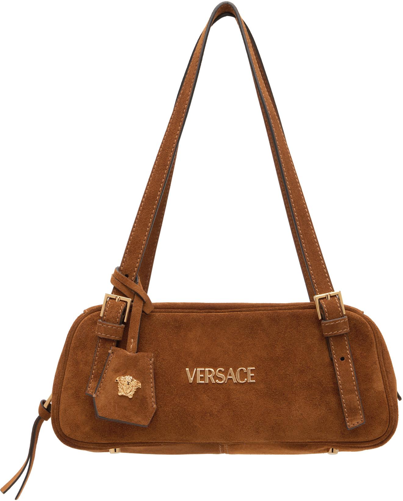 Brown 'Versace Tag' Suede Bowling Bag by VERSACE