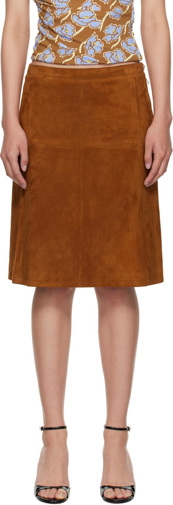 Brown Zip Suede Midi Skirt by VERSACE