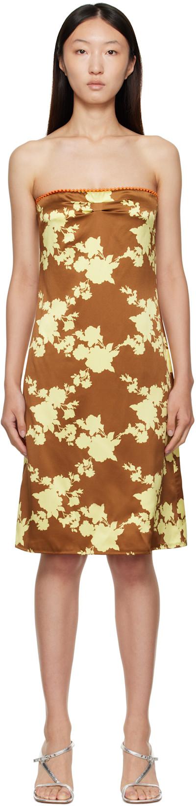 Brown & Yellow Wild Roses Strapless Midi Dress by VERSACE