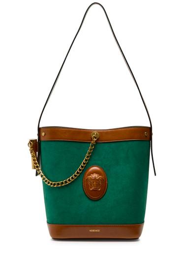Chain small leather and suede bucket bag by VERSACE