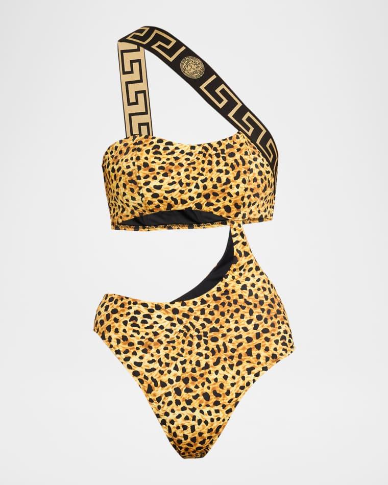 Cheetah Asymmetric Cutout One-Piece Swimsuit by VERSACE Cheetah Asymmetric Cutout One-Piece Swimsuit by VERSACE